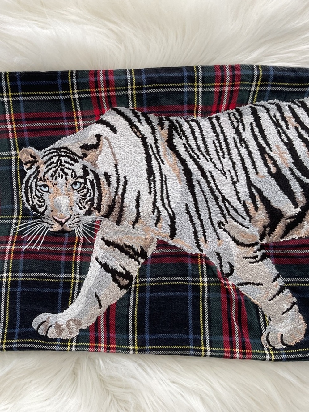 Williams Sonoma Home Tiger Embroidered Tartan Lumbar Pillow Cover Black 14”x22”